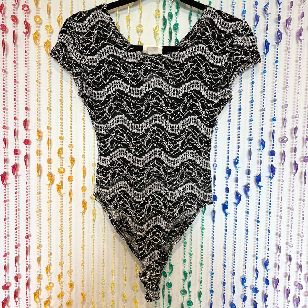 VINTAGE Retro Black and White Floral Patterned Lace Bodysuit